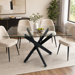 English Elm Modern Rectangular Tempered Glass Dining Table with Matte Black X Base Seats Six W3590P540183