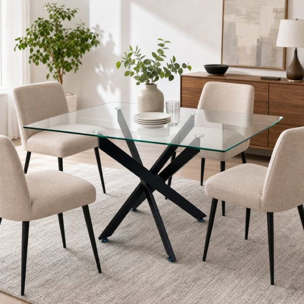 English Elm Modern Rectangular Tempered Glass Dining Table with Matte Black X Base Seats Six W3590P540183