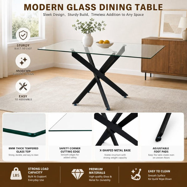 English Elm Modern Rectangular Tempered Glass Dining Table with Matte Black X Base Seats Six W3590P540183