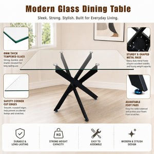 English Elm Modern Rectangular Tempered Glass Dining Table with Matte Black X Base Seats Six W3590P540183