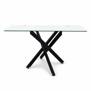 English Elm Modern Rectangular Tempered Glass Dining Table with Matte Black X Base Seats Six W3590P540183
