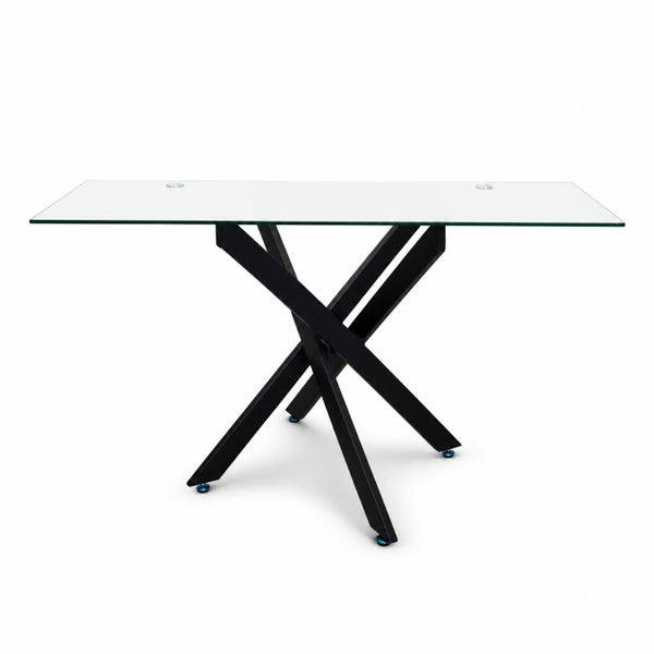 English Elm Modern Rectangular Tempered Glass Dining Table with Matte Black X Base Seats Six W3590P540183