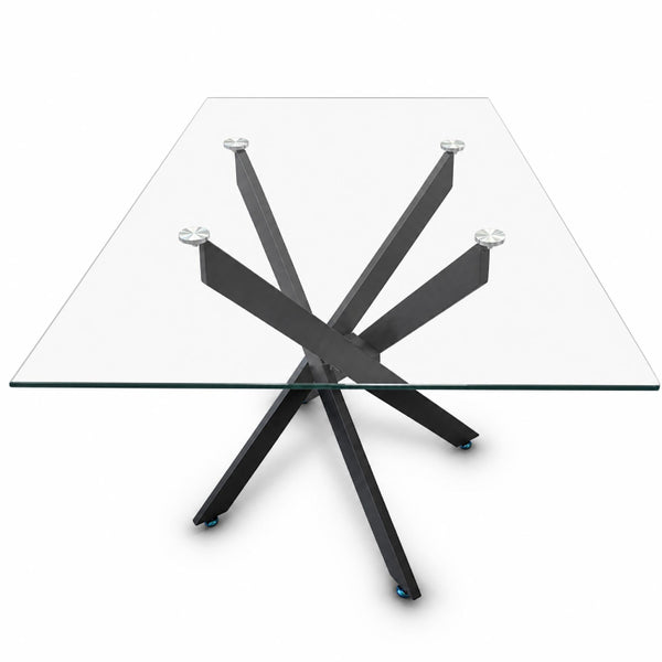 English Elm Modern Rectangular Tempered Glass Dining Table with Matte Black X Base Seats Six W3590P540183