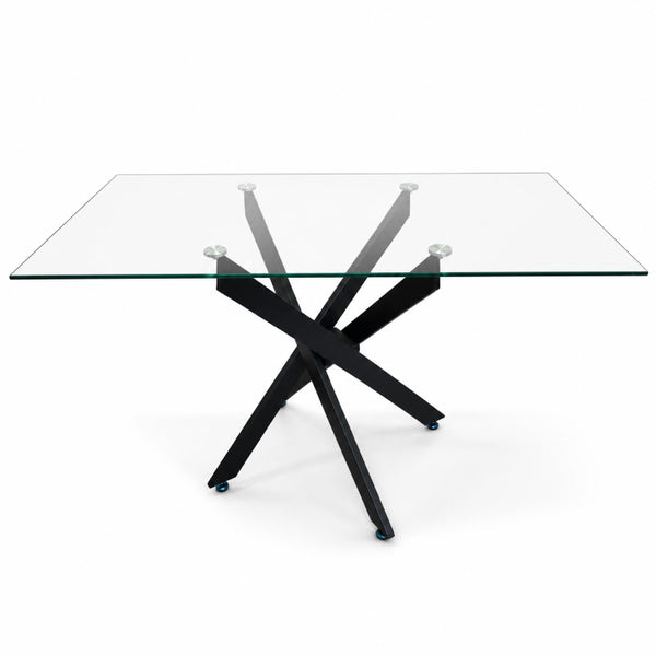 English Elm Modern Rectangular Tempered Glass Dining Table with Matte Black X Base Seats Six W3590P540183