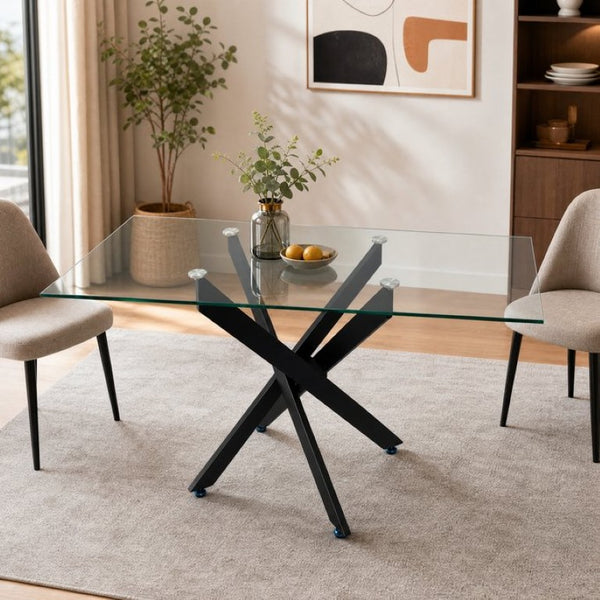 English Elm Modern Rectangular Tempered Glass Dining Table with Matte Black X Base Seats Six W3590P540183