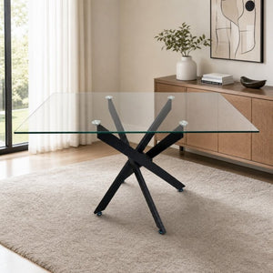 English Elm Modern Rectangular Tempered Glass Dining Table with Matte Black X Base Seats Six W3590P540183