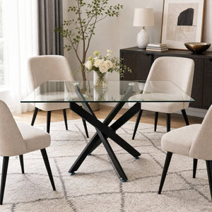 English Elm Modern Rectangular Tempered Glass Dining Table with Matte Black X Base Seats Six W3590P540183