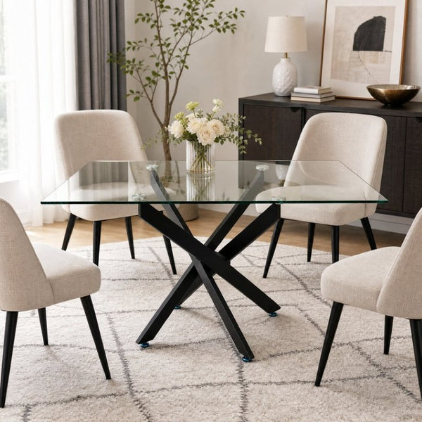 English Elm Modern Rectangular Tempered Glass Dining Table with Matte Black X Base Seats Six W3590P540183