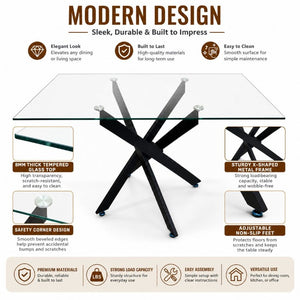 English Elm Modern Rectangular Tempered Glass Dining Table with Matte Black X Base Seats Six W3590P540183