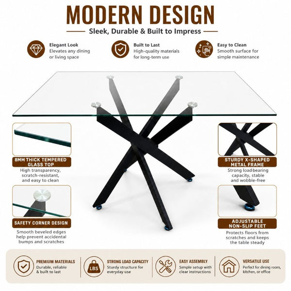 English Elm Modern Rectangular Tempered Glass Dining Table with Matte Black X Base Seats Six W3590P540183
