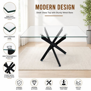 English Elm Modern Rectangular Tempered Glass Dining Table with Matte Black X Base Seats Six W3590P540183