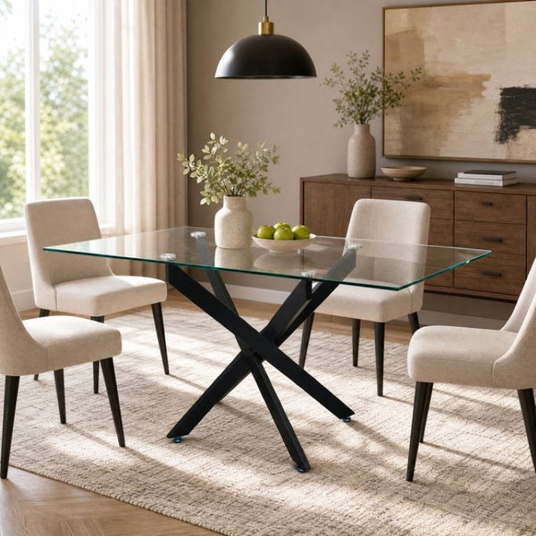 English Elm Modern Rectangular Tempered Glass Dining Table with Matte Black X Base Seats Six W3590P540183