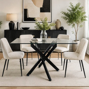 English Elm Modern Rectangular Tempered Glass Dining Table with Matte Black X Base Seats Six W3590P540183