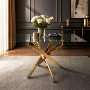 English Elm Modern Rectangular Tempered Glass Dining Table with Chrome X Base for Compact Spaces Gold+Clear W3590P540199