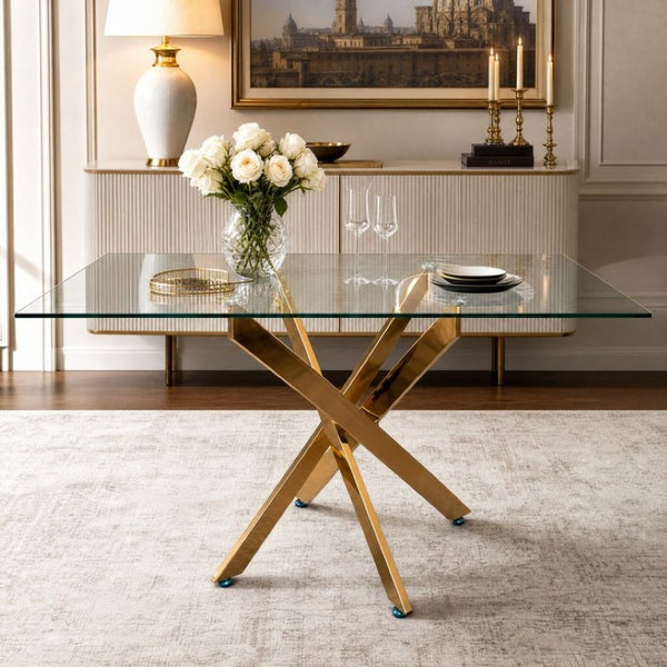 English Elm Modern Rectangular Tempered Glass Dining Table with Chrome X Base for Compact Spaces Gold+Clear W3590P540199