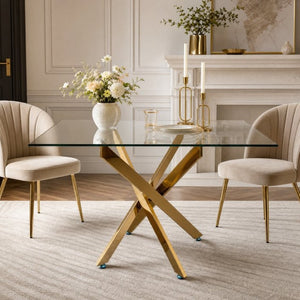 English Elm Modern Rectangular Tempered Glass Dining Table with Chrome X Base for Compact Spaces Gold+Clear W3590P540199
