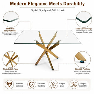 English Elm Modern Rectangular Tempered Glass Dining Table with Chrome X Base for Compact Spaces Gold+Clear W3590P540199