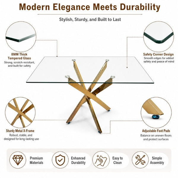 English Elm Modern Rectangular Tempered Glass Dining Table with Chrome X Base for Compact Spaces Gold+Clear W3590P540199