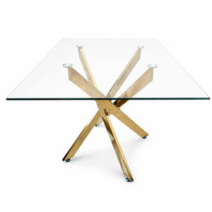 English Elm Modern Rectangular Tempered Glass Dining Table with Chrome X Base for Compact Spaces Gold+Clear W3590P540199