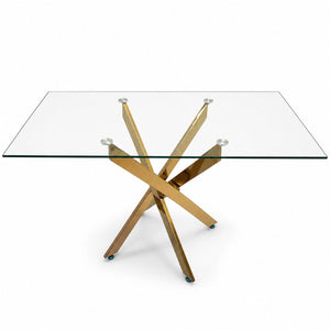 English Elm Modern Rectangular Tempered Glass Dining Table with Chrome X Base for Compact Spaces Gold+Clear W3590P540199