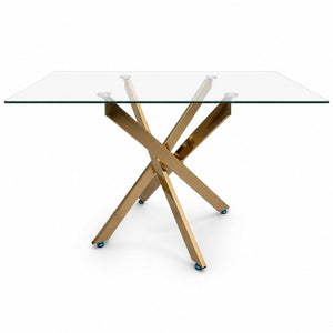 English Elm Modern Rectangular Tempered Glass Dining Table with Chrome X Base for Compact Spaces Gold+Clear W3590P540199