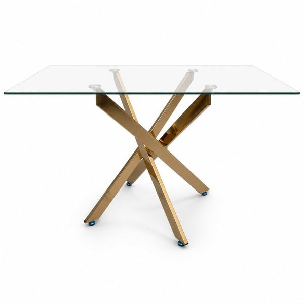English Elm Modern Rectangular Tempered Glass Dining Table with Chrome X Base for Compact Spaces Gold+Clear W3590P540199