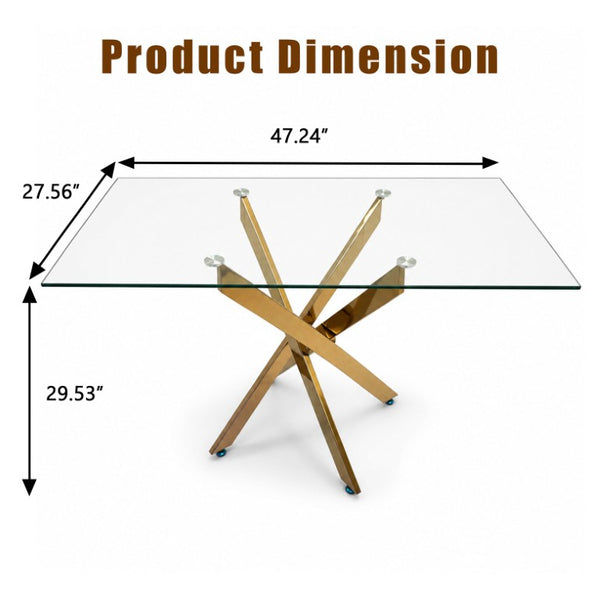 English Elm Modern Rectangular Tempered Glass Dining Table with Chrome X Base for Compact Spaces Gold+Clear W3590P540199