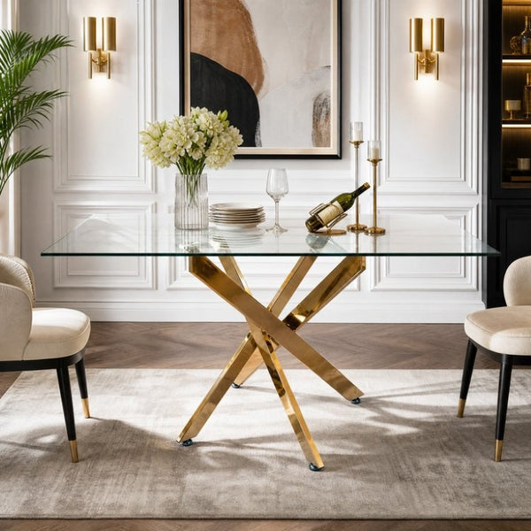 English Elm Modern Rectangular Tempered Glass Dining Table with Chrome X Base for Compact Spaces Gold+Clear W3590P540199