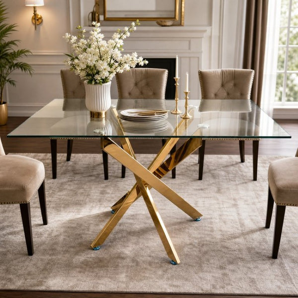 English Elm Modern Rectangular Tempered Glass Dining Table with Chrome X Base for Compact Spaces Gold+Clear W3590P540199