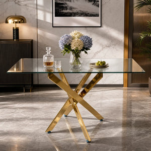 English Elm Modern Rectangular Tempered Glass Dining Table with Chrome X Base for Compact Spaces Gold+Clear W3590P540199