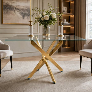 English Elm Modern Rectangular Tempered Glass Dining Table with Chrome X Base for Compact Spaces Gold+Clear W3590P540199