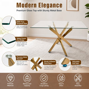 English Elm Modern Rectangular Tempered Glass Dining Table with Chrome X Base for Compact Spaces Gold+Clear W3590P540199