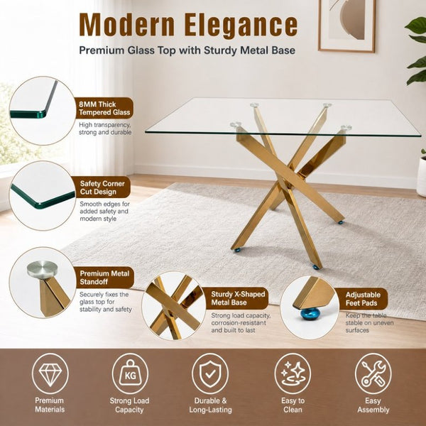 English Elm Modern Rectangular Tempered Glass Dining Table with Chrome X Base for Compact Spaces Gold+Clear W3590P540199