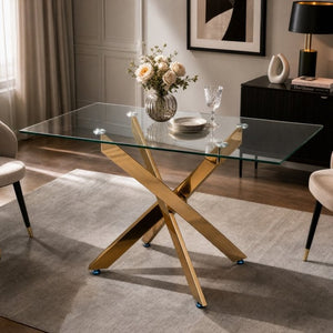 English Elm Modern Rectangular Tempered Glass Dining Table with Chrome X Base for Compact Spaces Gold+Clear W3590P540199