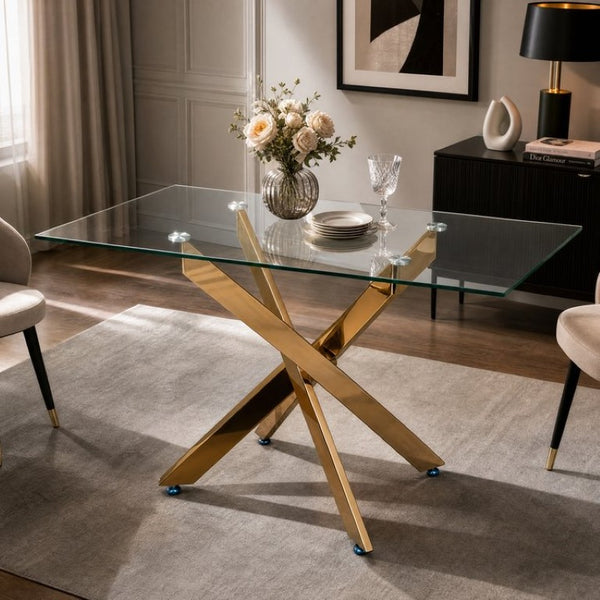 English Elm Modern Rectangular Tempered Glass Dining Table with Chrome X Base for Compact Spaces Gold+Clear W3590P540199