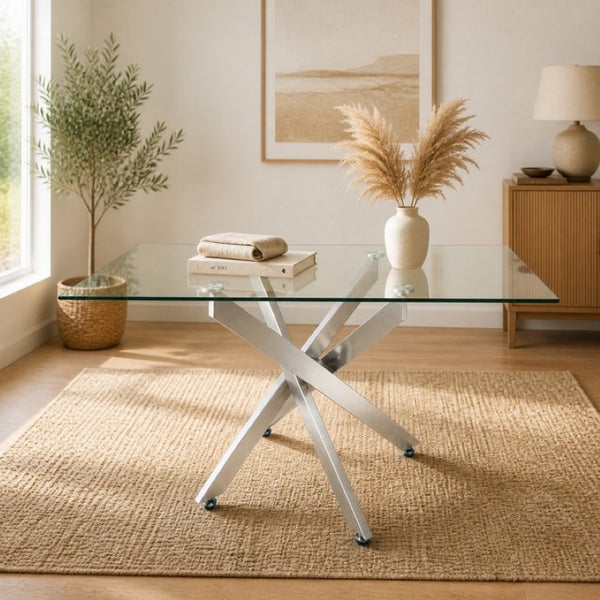 English Elm Modern Rectangular Tempered Glass Dining Table with Chrome X Base for Compact Spaces Silver+Clear W3590P540206