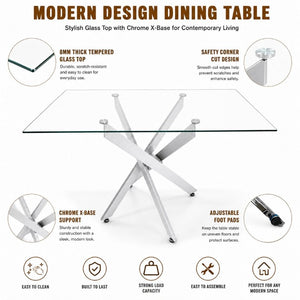 English Elm Modern Rectangular Tempered Glass Dining Table with Chrome X Base for Compact Spaces Silver+Clear W3590P540206