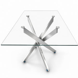 English Elm Modern Rectangular Tempered Glass Dining Table with Chrome X Base for Compact Spaces Silver+Clear W3590P540206