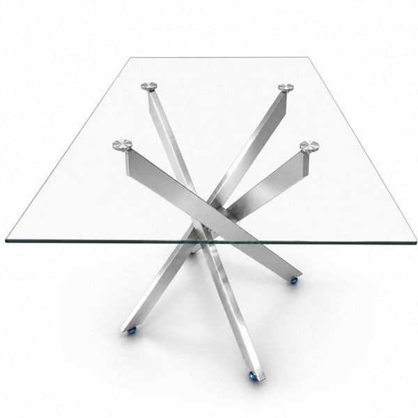 English Elm Modern Rectangular Tempered Glass Dining Table with Chrome X Base for Compact Spaces Silver+Clear W3590P540206
