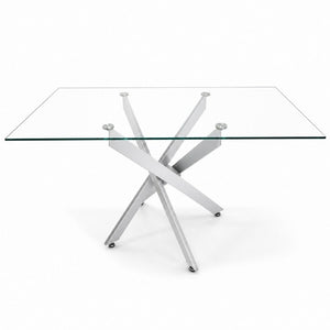 English Elm Modern Rectangular Tempered Glass Dining Table with Chrome X Base for Compact Spaces Silver+Clear W3590P540206