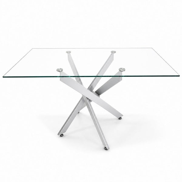 English Elm Modern Rectangular Tempered Glass Dining Table with Chrome X Base for Compact Spaces Silver+Clear W3590P540206