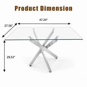 English Elm Modern Rectangular Tempered Glass Dining Table with Chrome X Base for Compact Spaces Silver+Clear W3590P540206