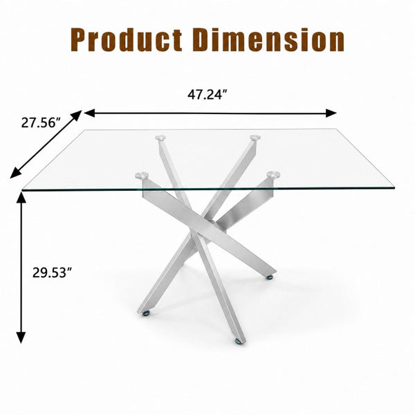 English Elm Modern Rectangular Tempered Glass Dining Table with Chrome X Base for Compact Spaces Silver+Clear W3590P540206