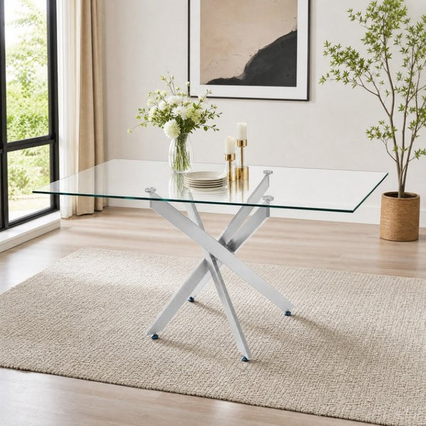 English Elm Modern Rectangular Tempered Glass Dining Table with Chrome X Base for Compact Spaces Silver+Clear W3590P540206
