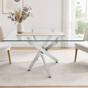 English Elm Modern Rectangular Tempered Glass Dining Table with Chrome X Base for Compact Spaces Silver+Clear W3590P540206