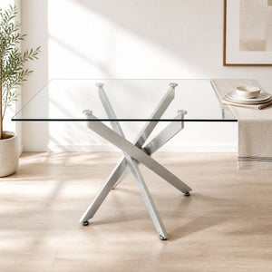English Elm Modern Rectangular Tempered Glass Dining Table with Chrome X Base for Compact Spaces Silver+Clear W3590P540206