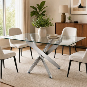 English Elm Modern Rectangular Tempered Glass Dining Table with Chrome X Base for Compact Spaces Silver+Clear W3590P540206