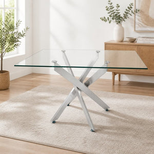 English Elm Modern Rectangular Tempered Glass Dining Table with Chrome X Base for Compact Spaces Silver+Clear W3590P540206