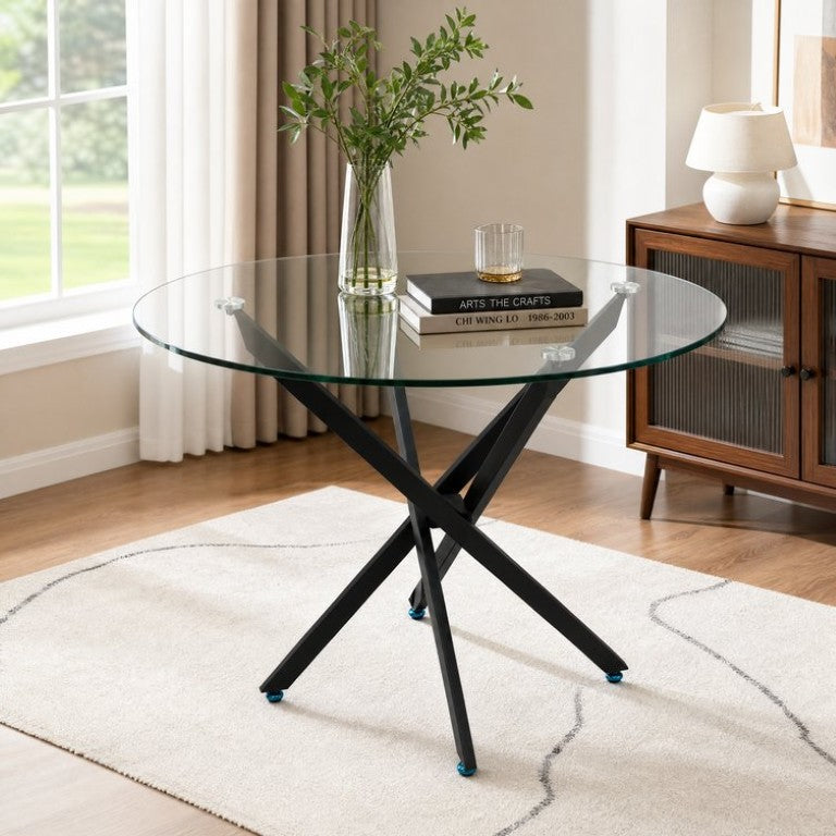 English Elm Modern Round Tempered Glass Dining Table with Gold X Base Seats Four Compact Spaces Clear+Black W3590P540223