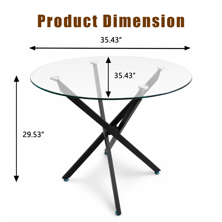 English Elm Modern Round Tempered Glass Dining Table with Gold X Base Seats Four Compact Spaces Clear+Black W3590P540223